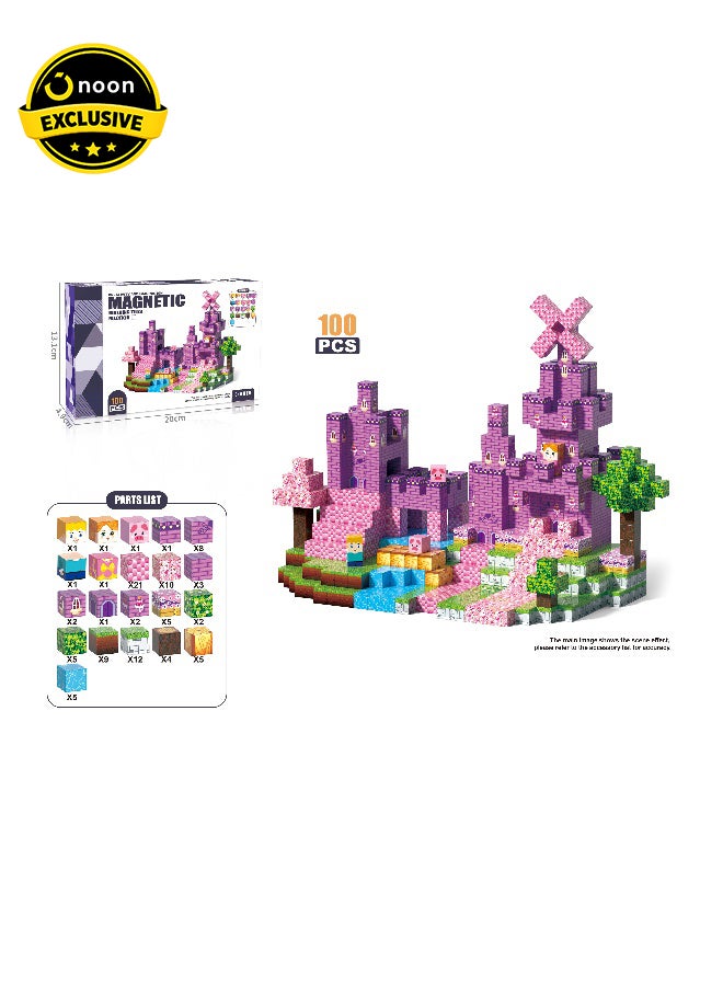 Magni Mates 2cm Magnetic DIY Blocks Set 100 Pieces Mini Craft Building Cubes with Castle, Nature and Character Designs for Creative Construction and STEM Play - Image 1